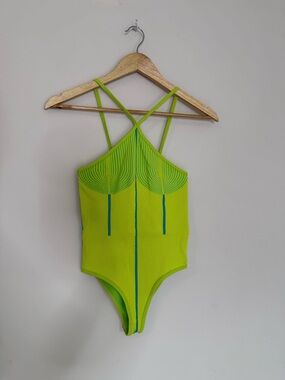 ZARA Neon Lime Ribbed Strappy One Piece Swimsuit